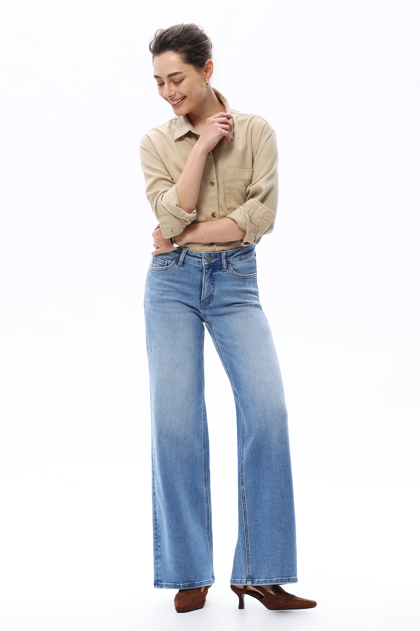 MID RISE WIDE LEG DENIM JEANS BYW8001 MEDIUM BLUE