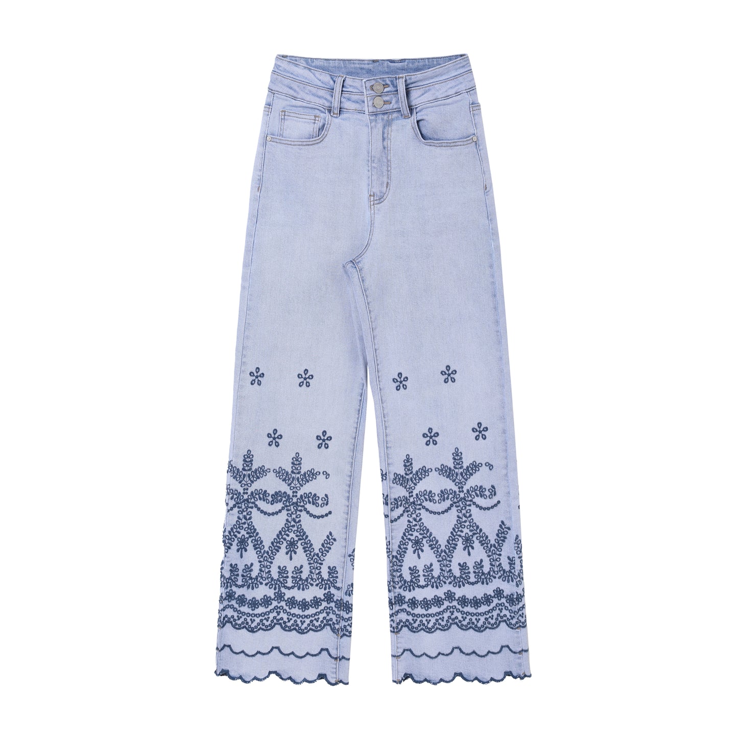 HIGH RISE EMBROIDERED WIDE LEG DENIM JEANS BYW8250 (BYMG008) LIGHT BLUE