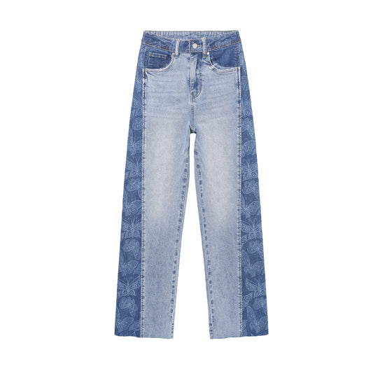 HIGH RISE PATCHWORK LASER PRINTING WIDE LEG DENIM JEANS BYW8248-A (BYMG002-A) MEDIUM BLUE