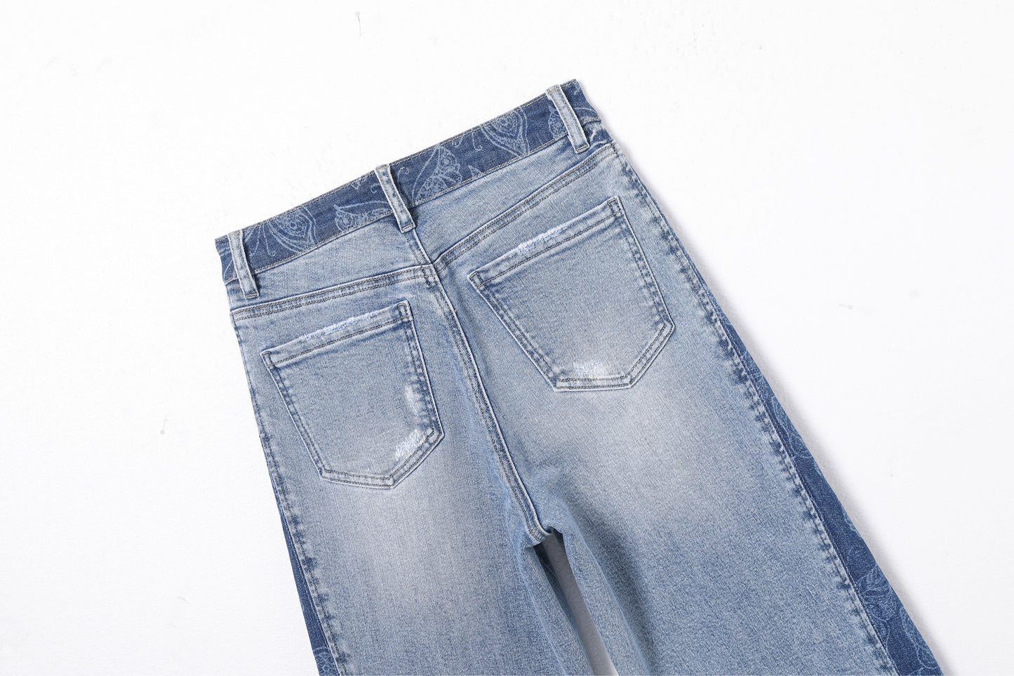 HIGH RISE PATCHWORK LASER PRINTING WIDE LEG DENIM JEANS BYW8248-A (BYMG002-A) MEDIUM BLUE