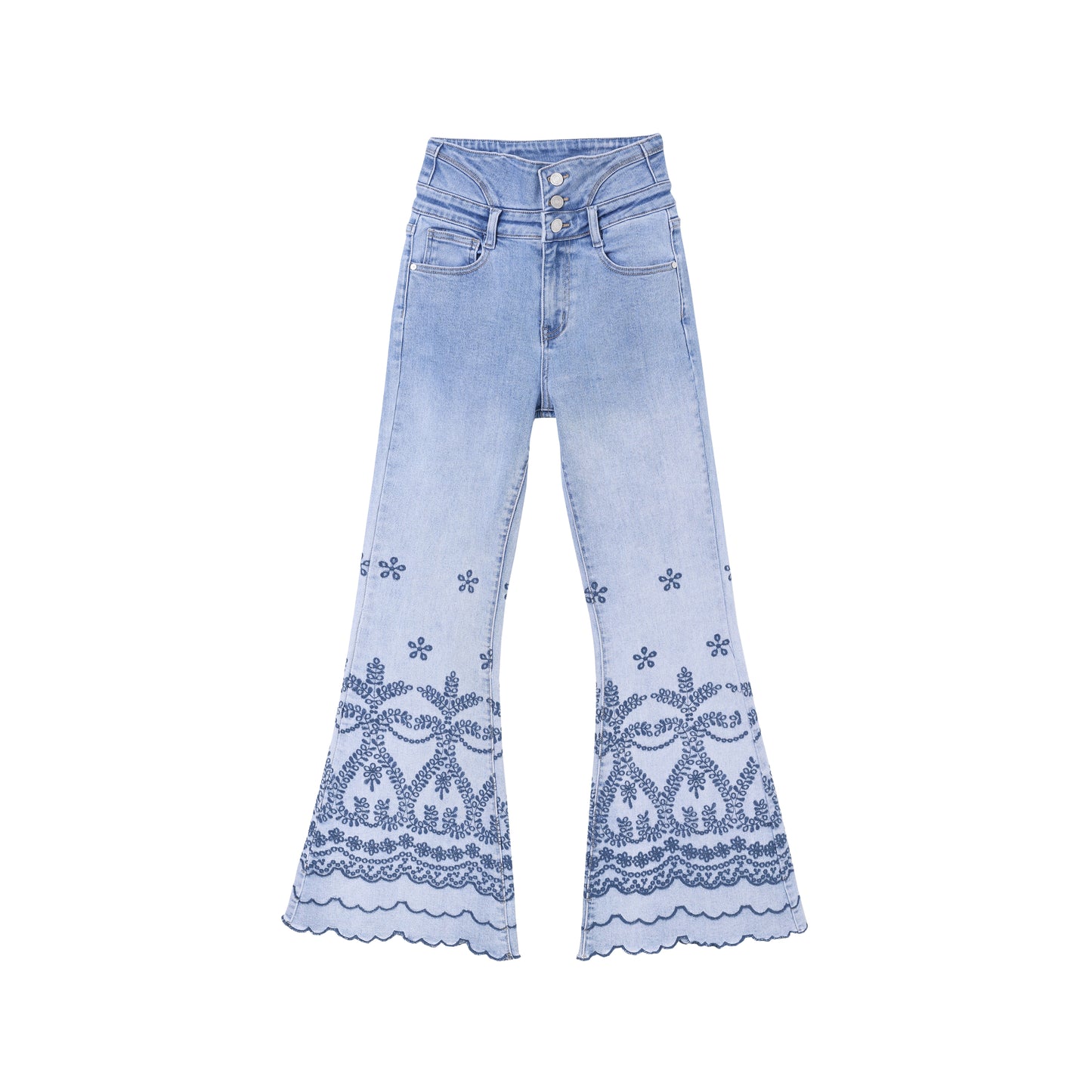 SUPER HIGH RISE EMBROIDERED FLARE LEG DENIM JEANS BYF1183 (BYMG007) MEDIUM BLUE