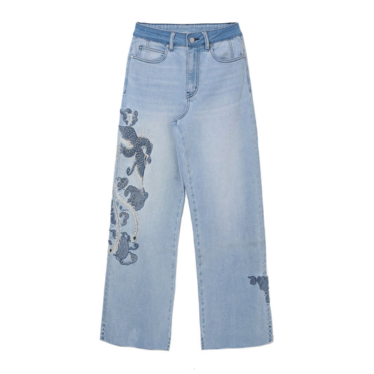 HIGH RISE PHOENIX EMBROIDERED WIDE LEG DENIM JEANS BYW8251 (BYMG012) LIGHT BLUE