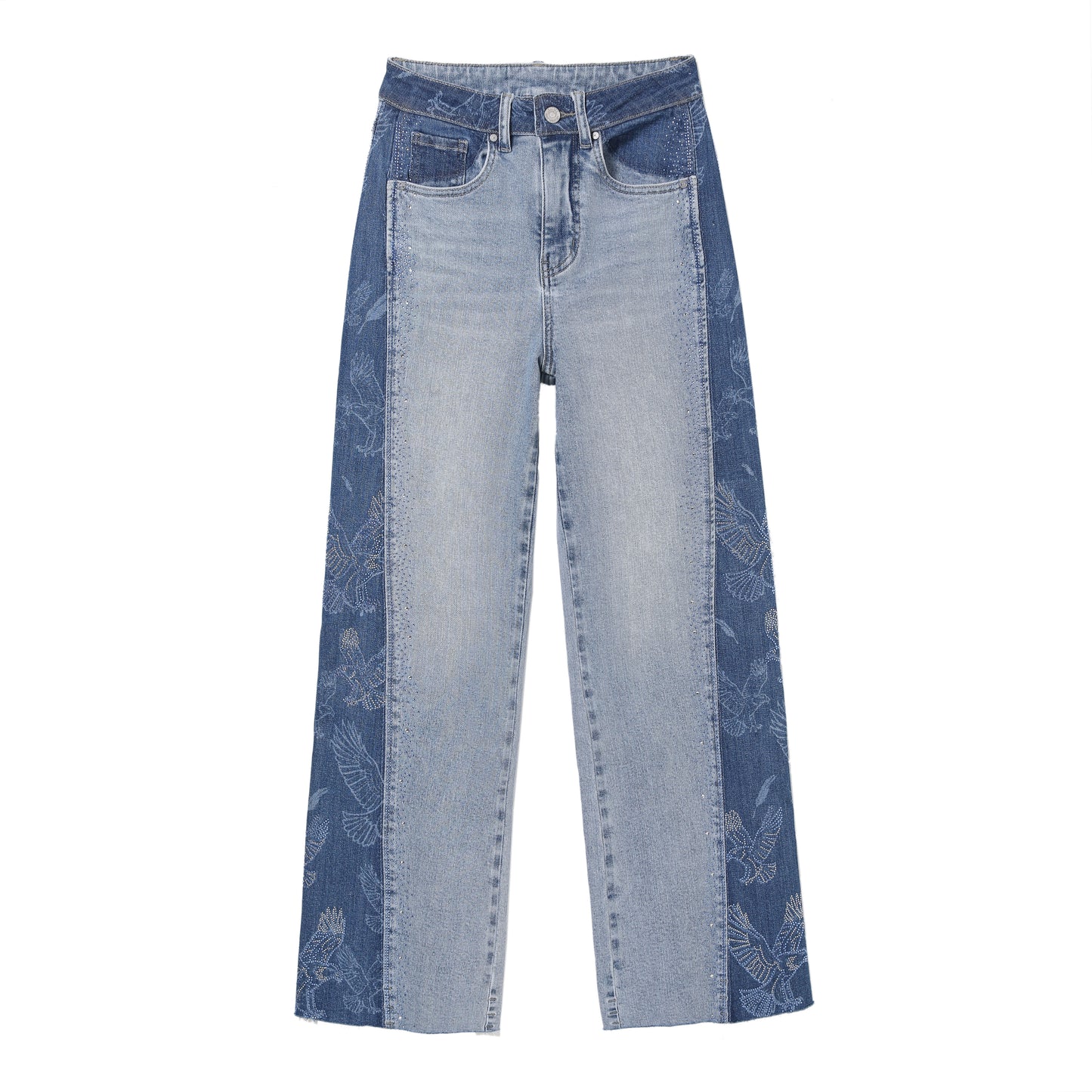 HIGH RISE PATCHWORK LASER PRINTING WIDE LEG DENIM JEANS BYW8248-B (BYMG002-B) LIGHT BLUE