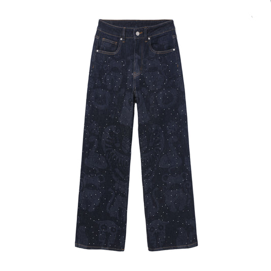 HIGH RISE LASER PRINTING WIDE LEG DENIM JEANS BYW8256-B (BYMG029-B) DARK BLUE