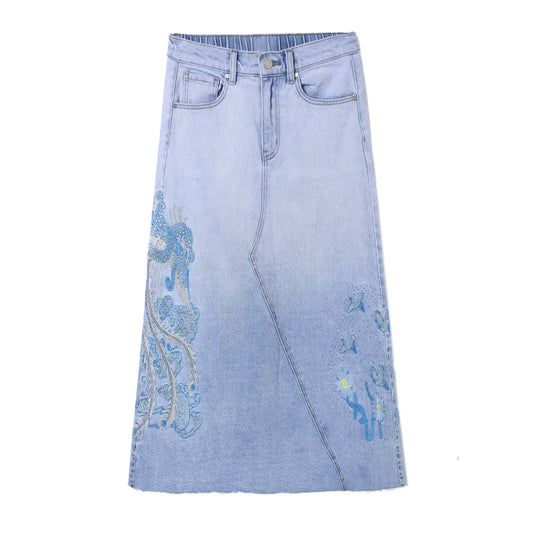 MID RISE A-LINE EMBROIDERED DENIM SKIRT BYK7069 (BYMG010) LIGHT BLUE