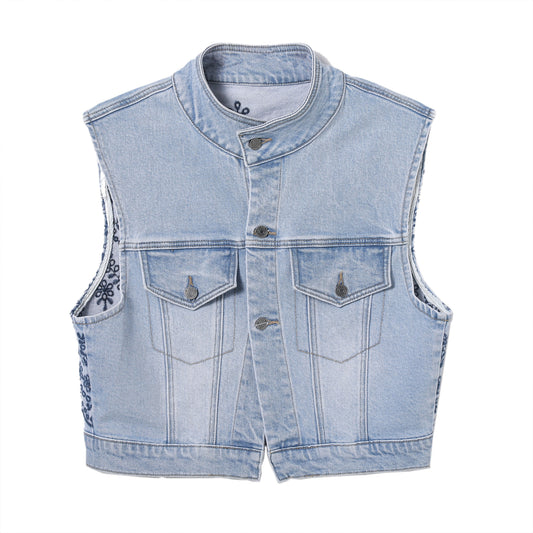 CROPPED EMBROIDERED DENIM VEST BYV4003-B (BYMG016-B) LIGHT BLUE