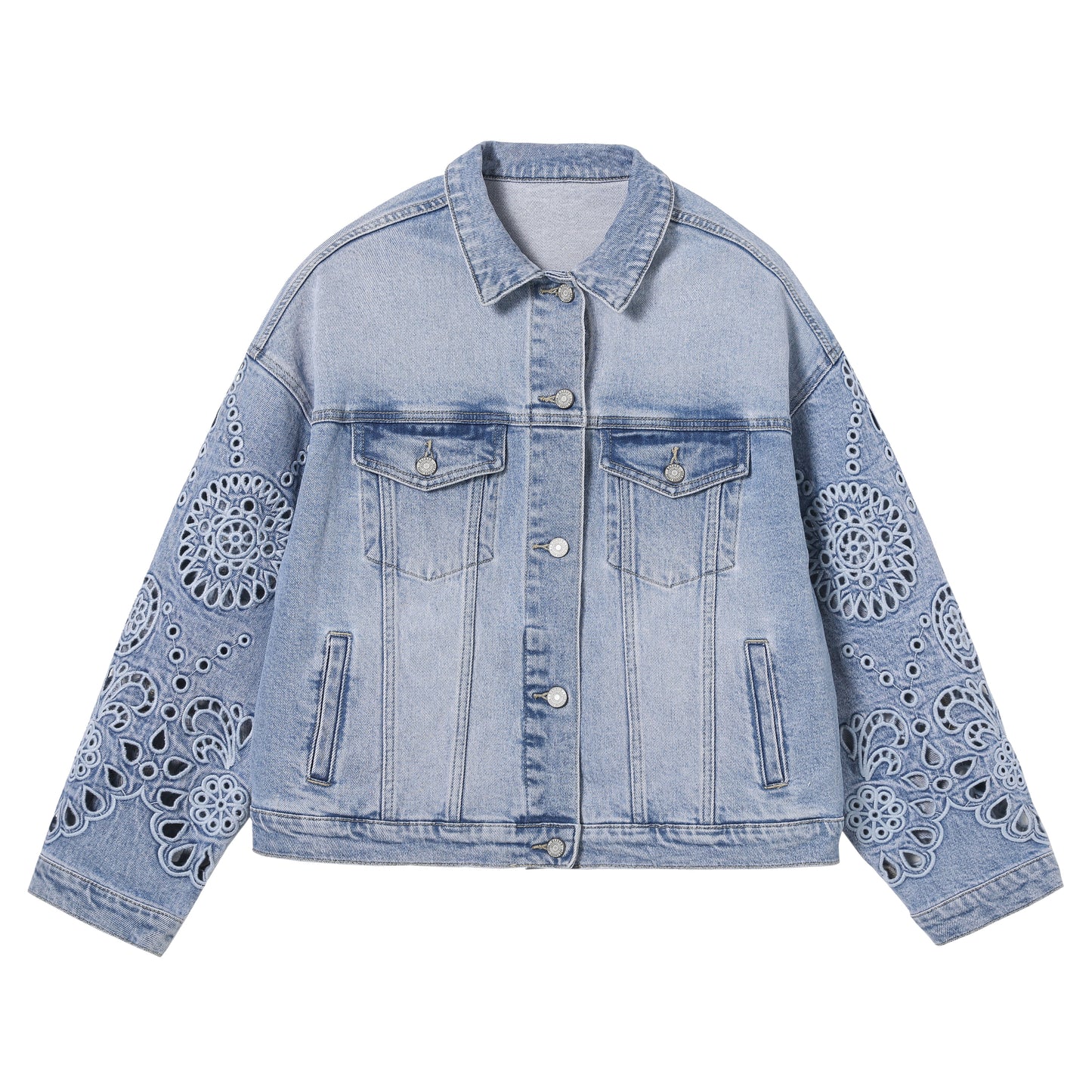 SLIM HOLLOW OUT EMBROIDERED DENIM JACKET BYJ9063 (BYMG021) MEDIUM BLUE