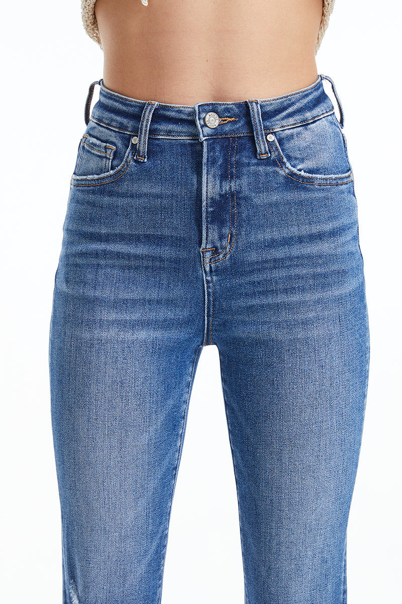 HIGH RISE FLARE JEANS WITH FRAYED HEM BYF1114 BLOVE