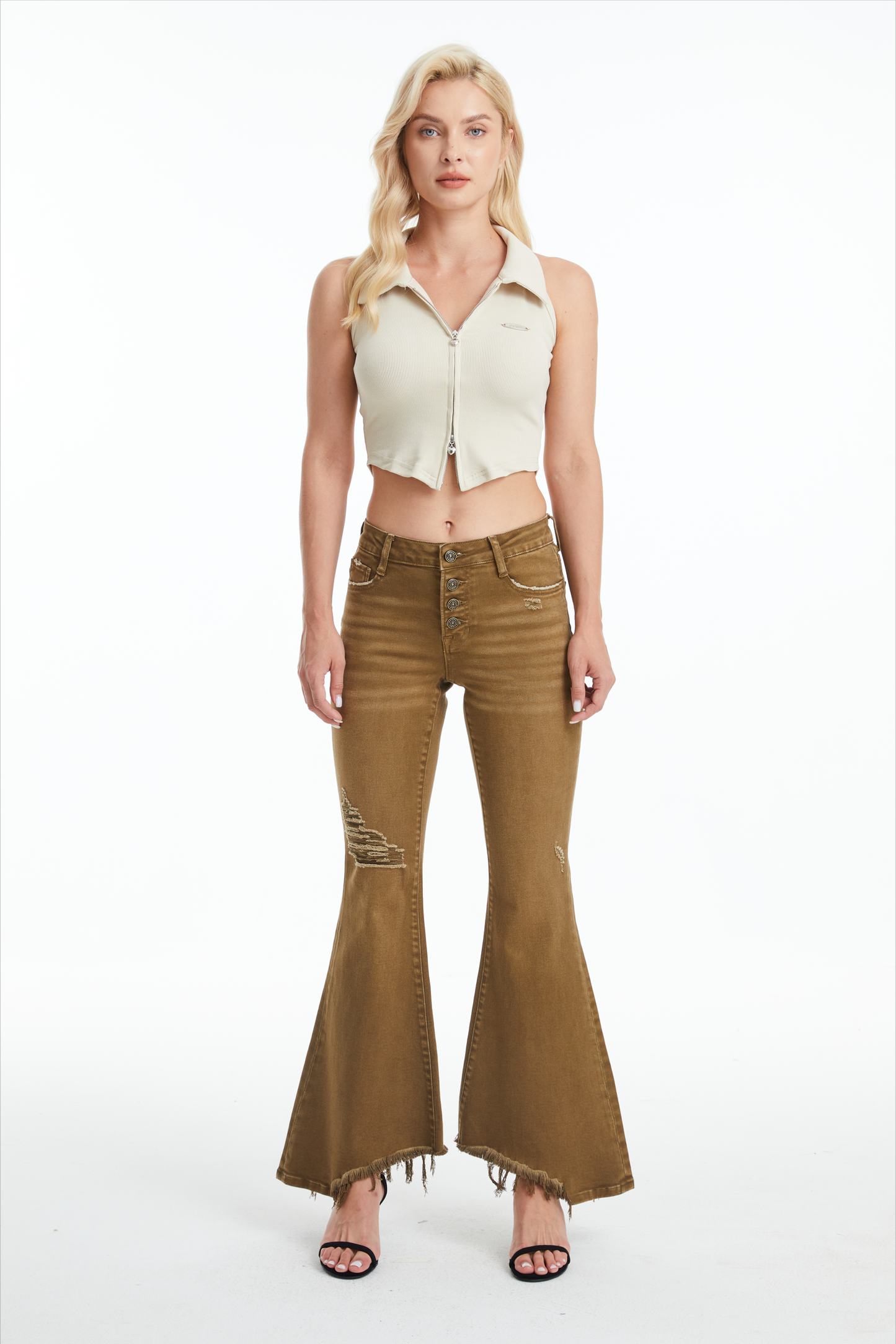 MID RISE FLARE JEANS WITH BUTTON FLY BYF1108 DARK OLIVE