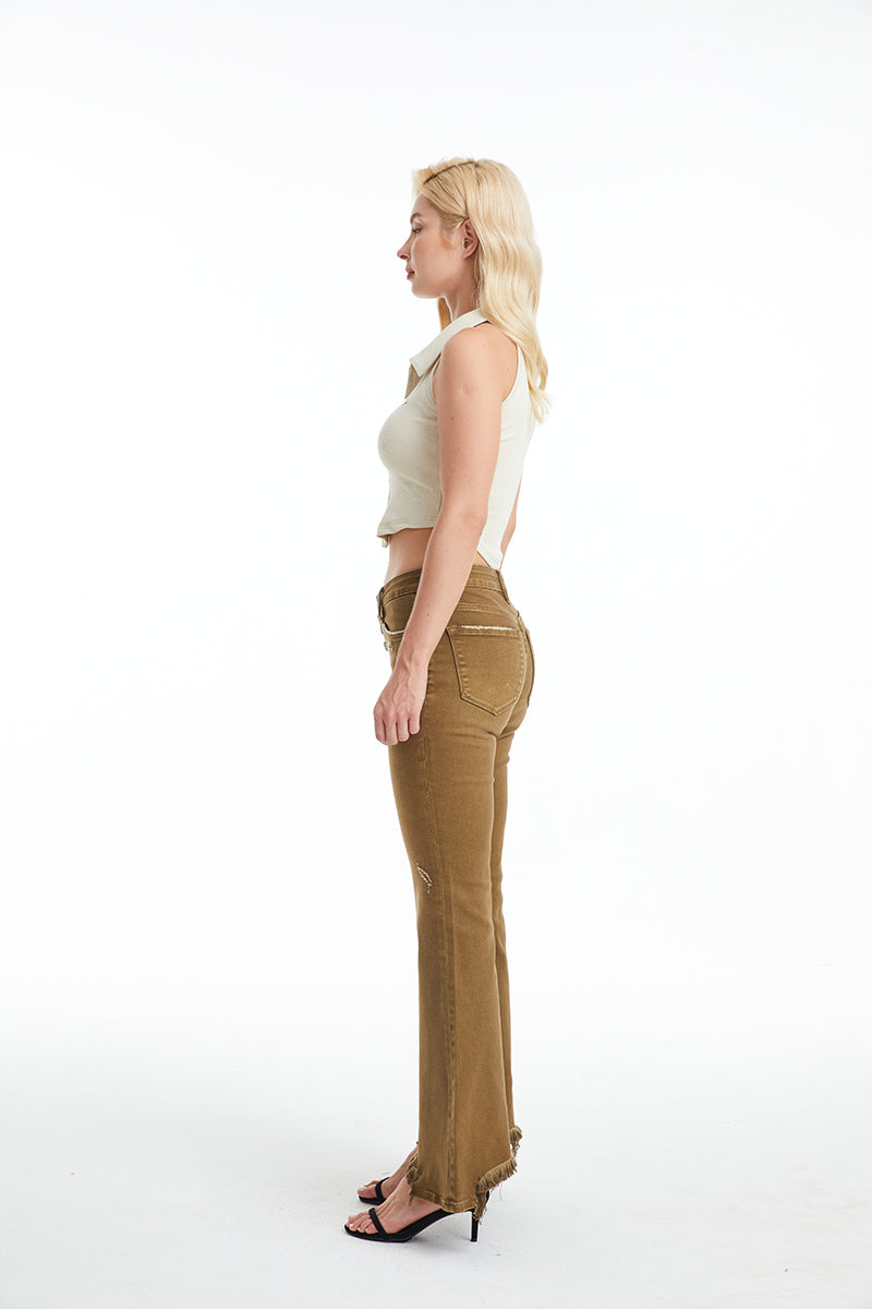 MID RISE FLARE JEANS WITH BUTTON FLY BYF1108 DARK OLIVE