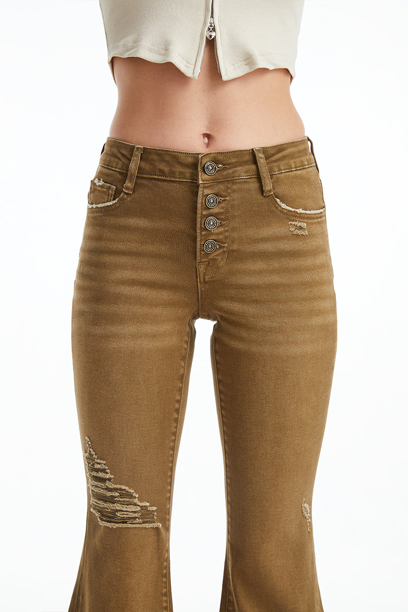 MID RISE FLARE JEANS WITH BUTTON FLY BYF1108 DARK OLIVE