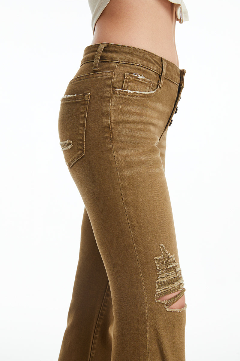 MID RISE FLARE JEANS WITH BUTTON FLY BYF1108 DARK OLIVE