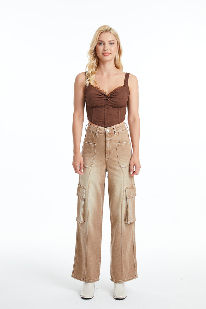 HIGH RISE CARGO STRAIGHT WIDE LEG JEANS BYW8107 VINTAGE KHAKI