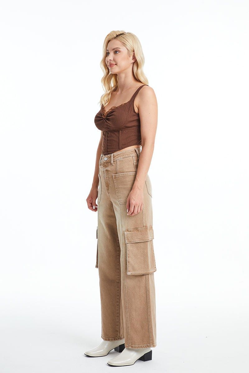 HIGH RISE CARGO STRAIGHT WIDE LEG JEANS BYW8107 VINTAGE KHAKI