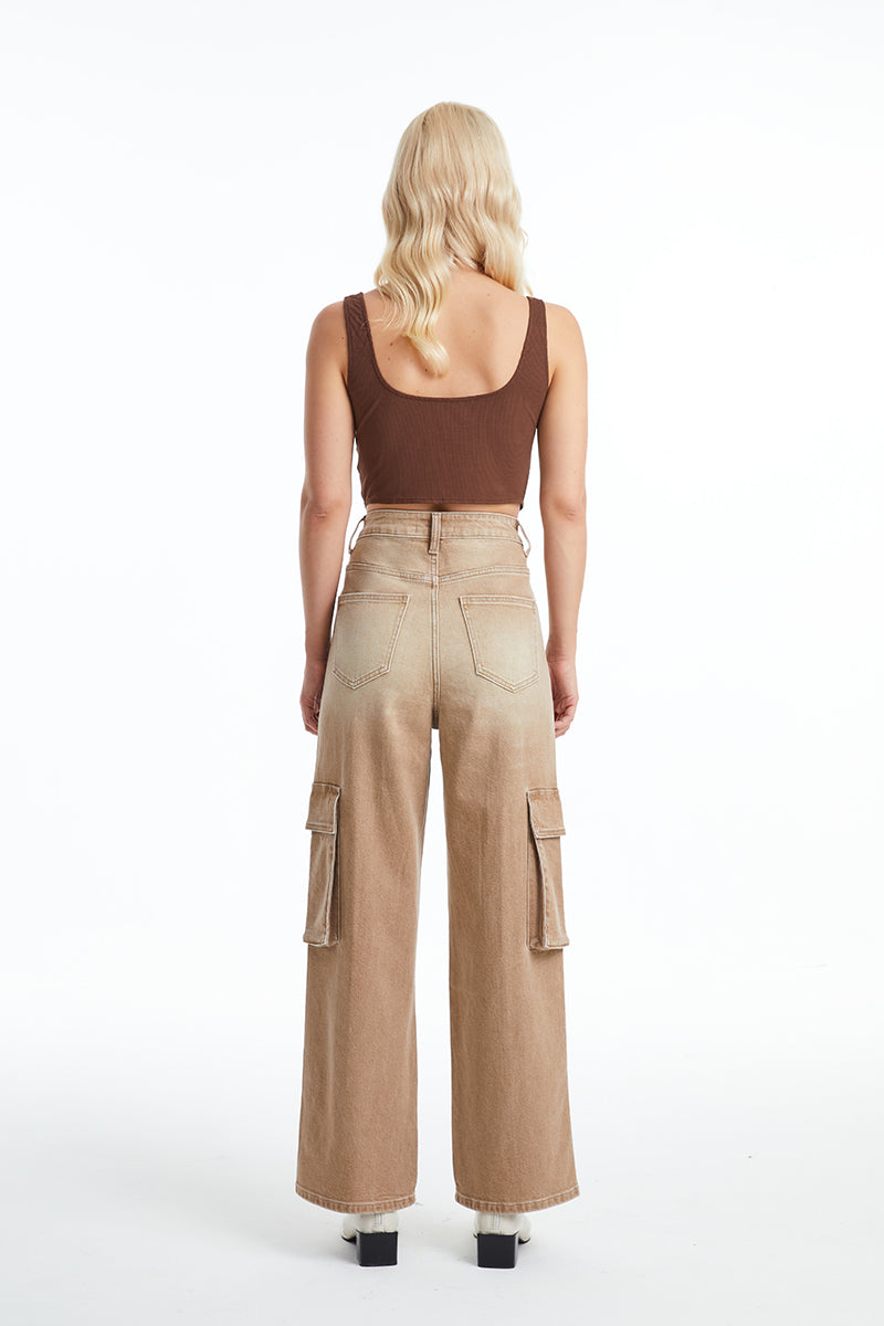 HIGH RISE CARGO STRAIGHT WIDE LEG JEANS BYW8107 VINTAGE KHAKI