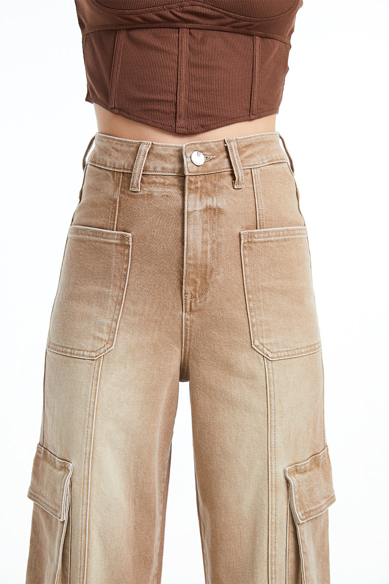 HIGH RISE CARGO STRAIGHT WIDE LEG JEANS BYW8107 VINTAGE KHAKI