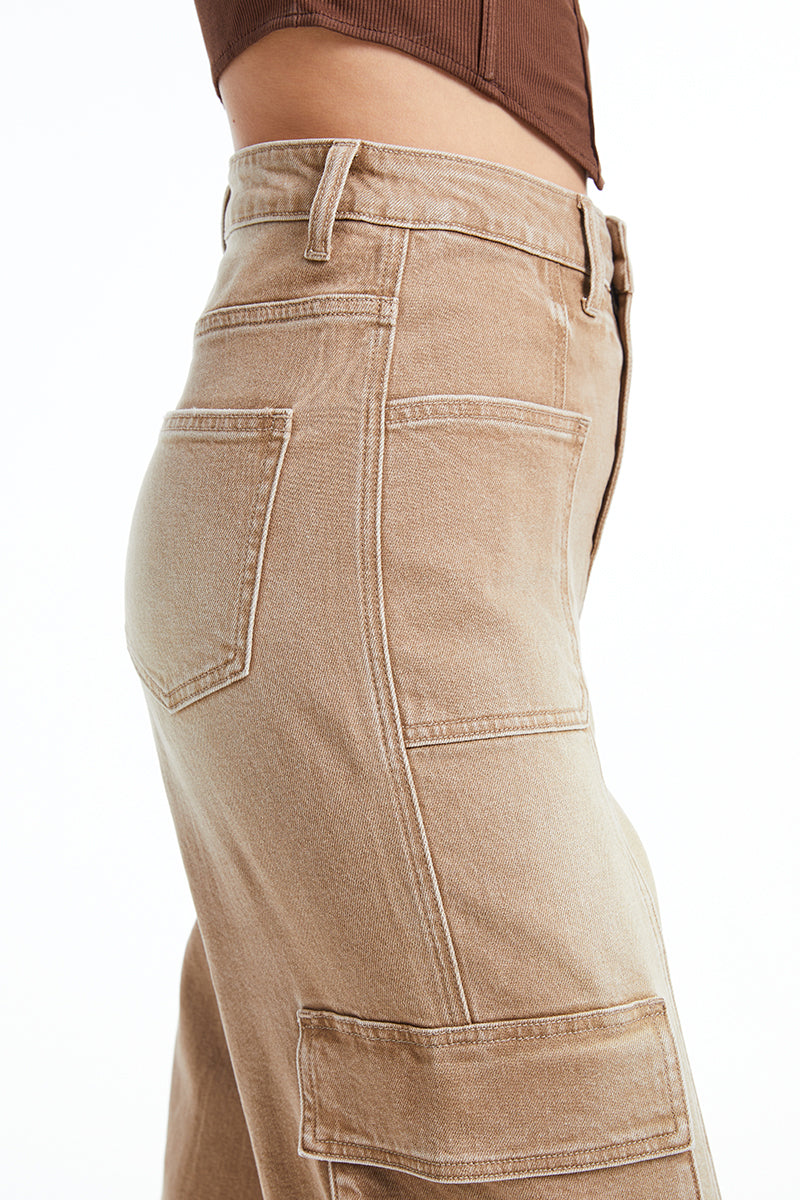 HIGH RISE CARGO STRAIGHT WIDE LEG JEANS BYW8107 VINTAGE KHAKI