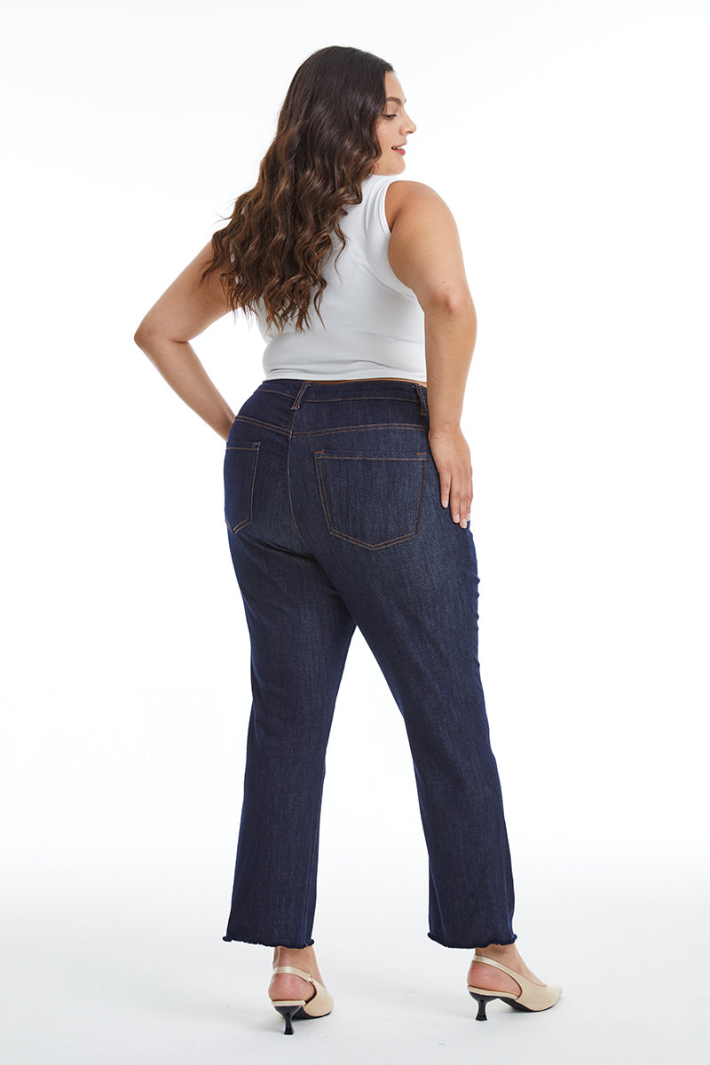 HIGH RISE RAW HEM STRAIGHT JEANS BYT5157-P DARK BLUE PLUS SIZE