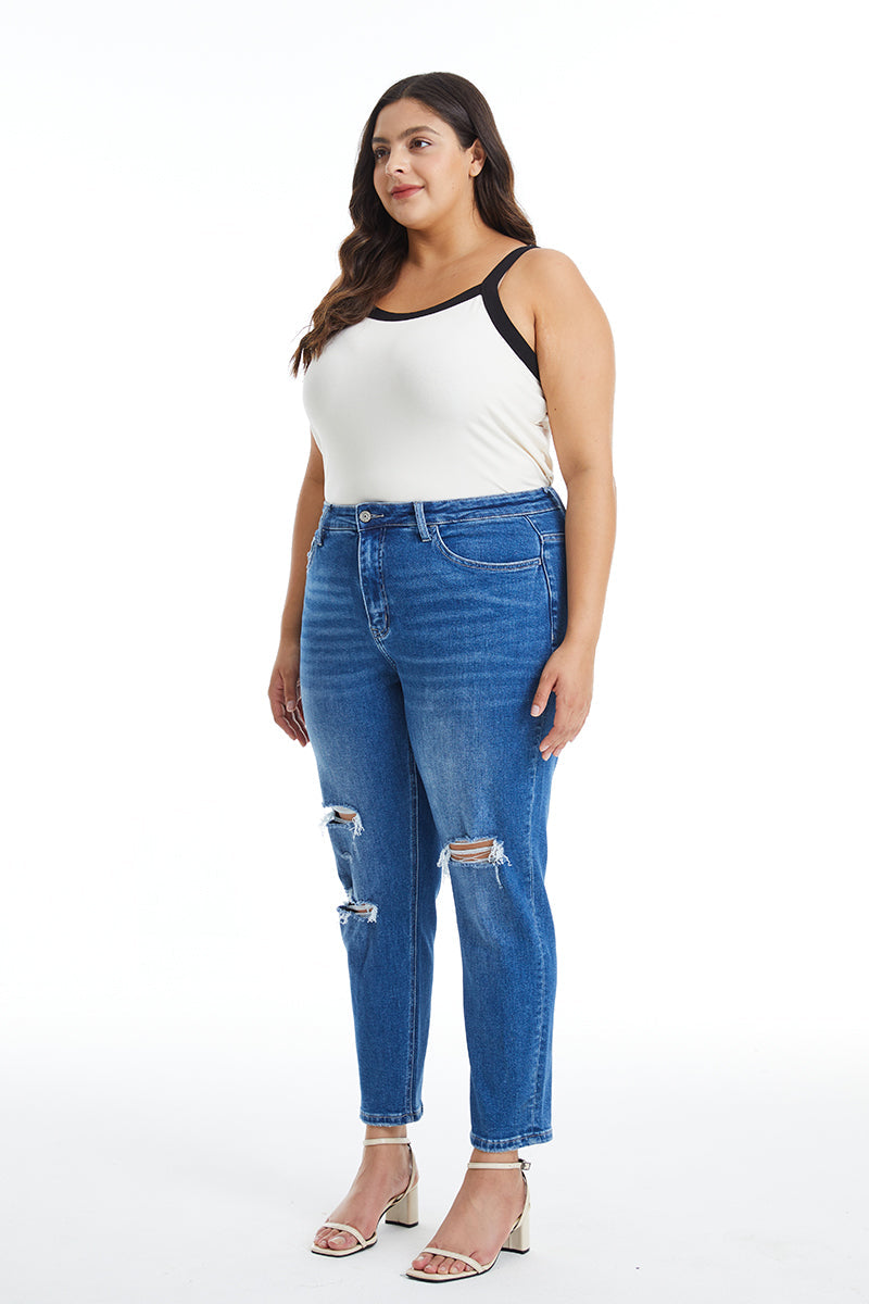 HIGH RISE STRETCH MOM JEANS BYM3009-P DARK BLUE PLUS SIZE