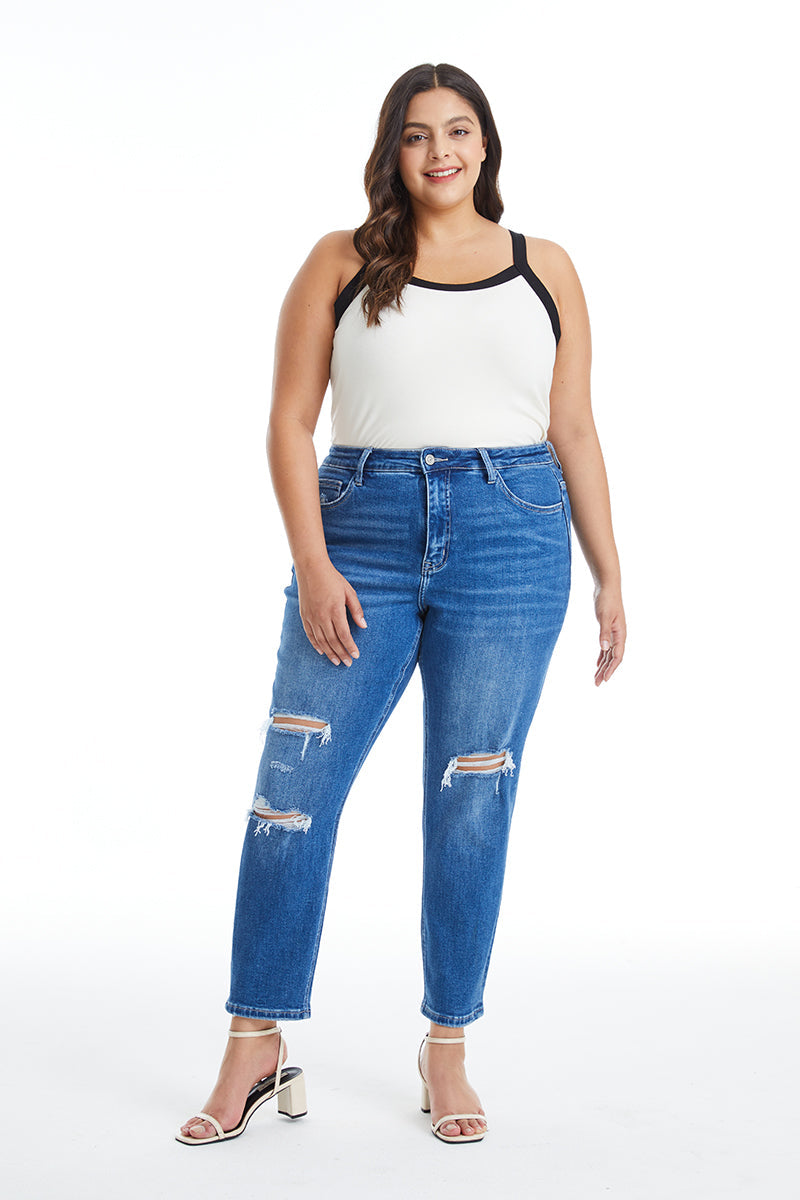 HIGH RISE STRETCH MOM JEANS BYM3009-P DARK BLUE PLUS SIZE