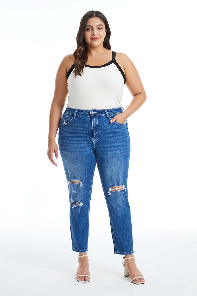 HIGH RISE STRETCH MOM JEANS BYM3009-P DARK BLUE PLUS SIZE