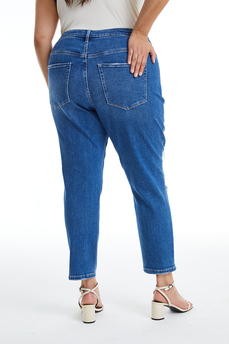 HIGH RISE STRETCH MOM JEANS BYM3009-P DARK BLUE PLUS SIZE