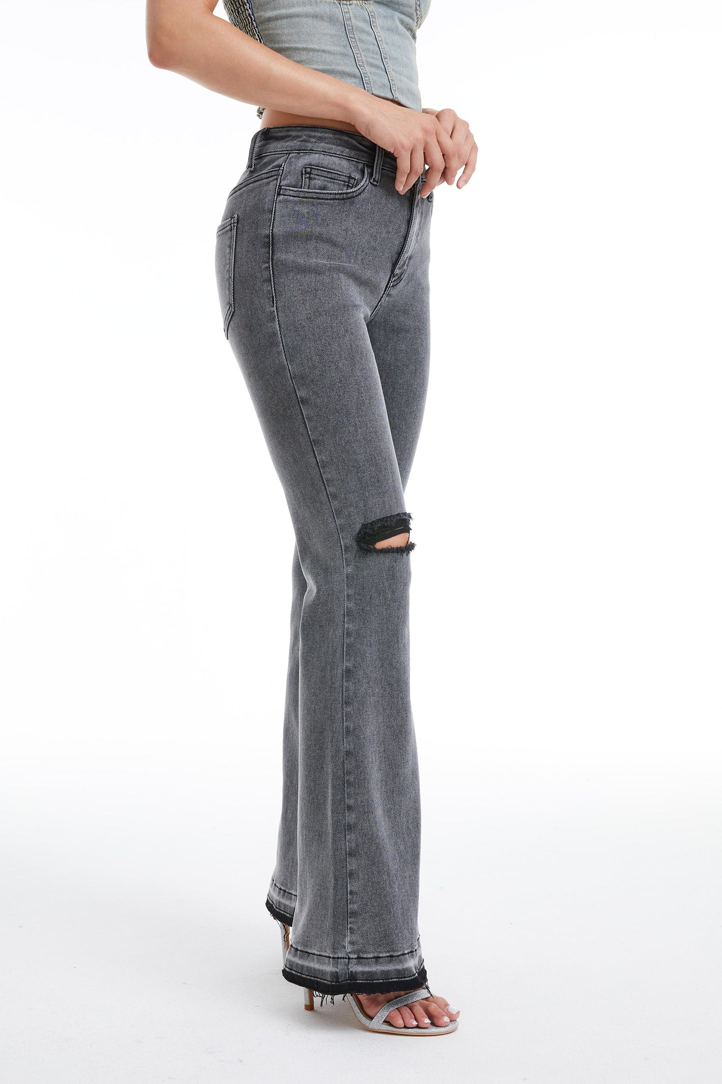 LAUREN HIGH RISE FLARE JEANS WITH RAW HEM BYF1129 (BYHE055) HEATHER GRAY