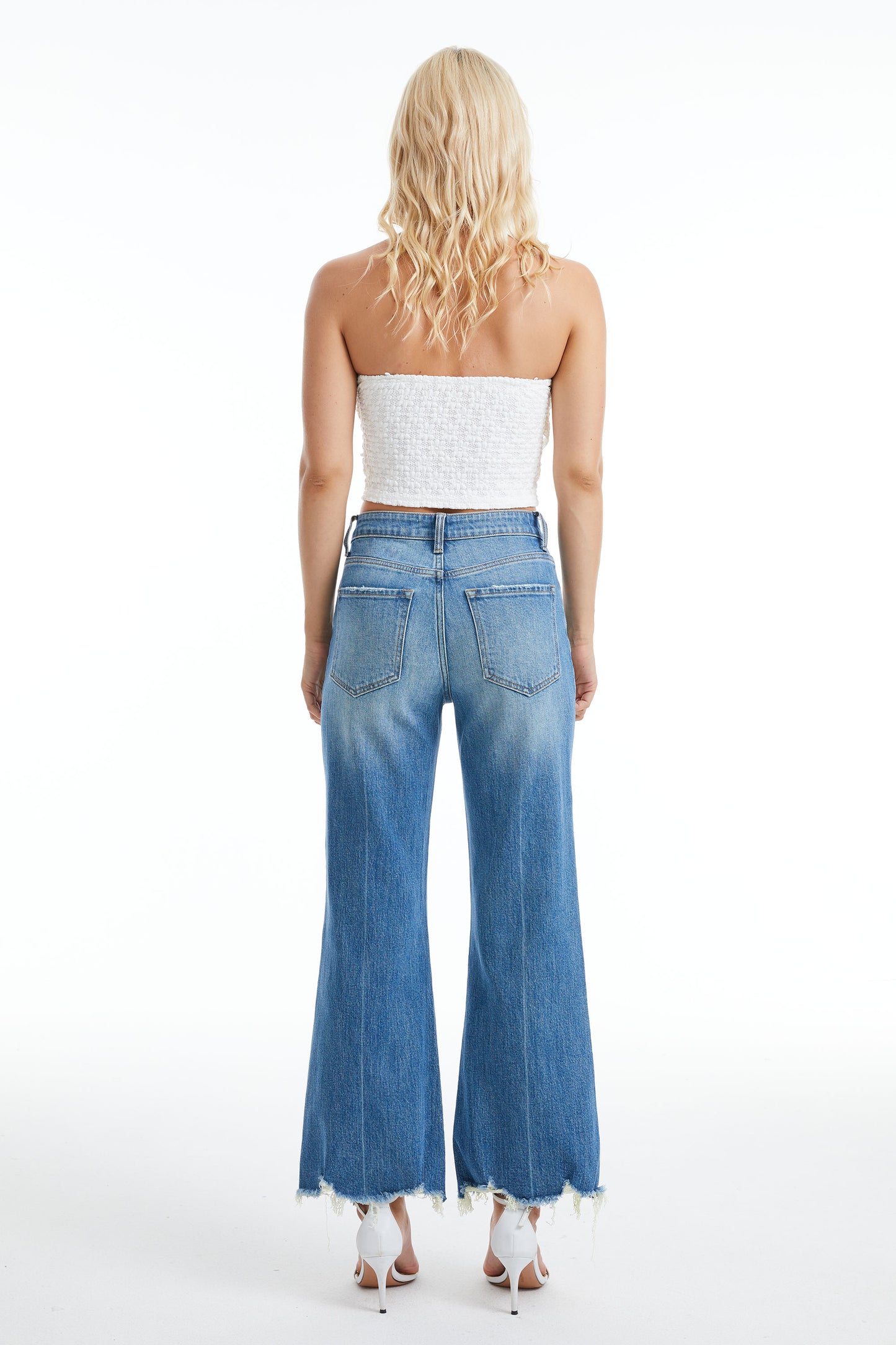 HIGH RISE WIDE LEG JEANS WITH FRAYED HEM BYW8132 (BYLY009) TURQUOISE