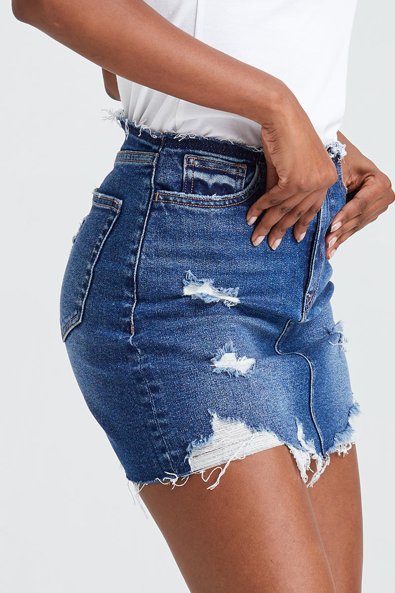 DISTRESSED WAISTLESS DENIM SKIRT BYK7004 DARK BLUE