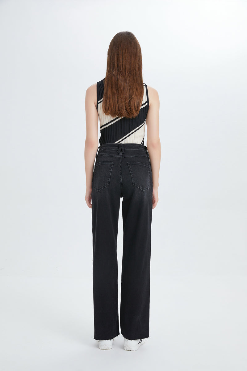 HIGH WAIST WIDE STRAIGHT LEG PANTS BYT5137 BLACK WASH