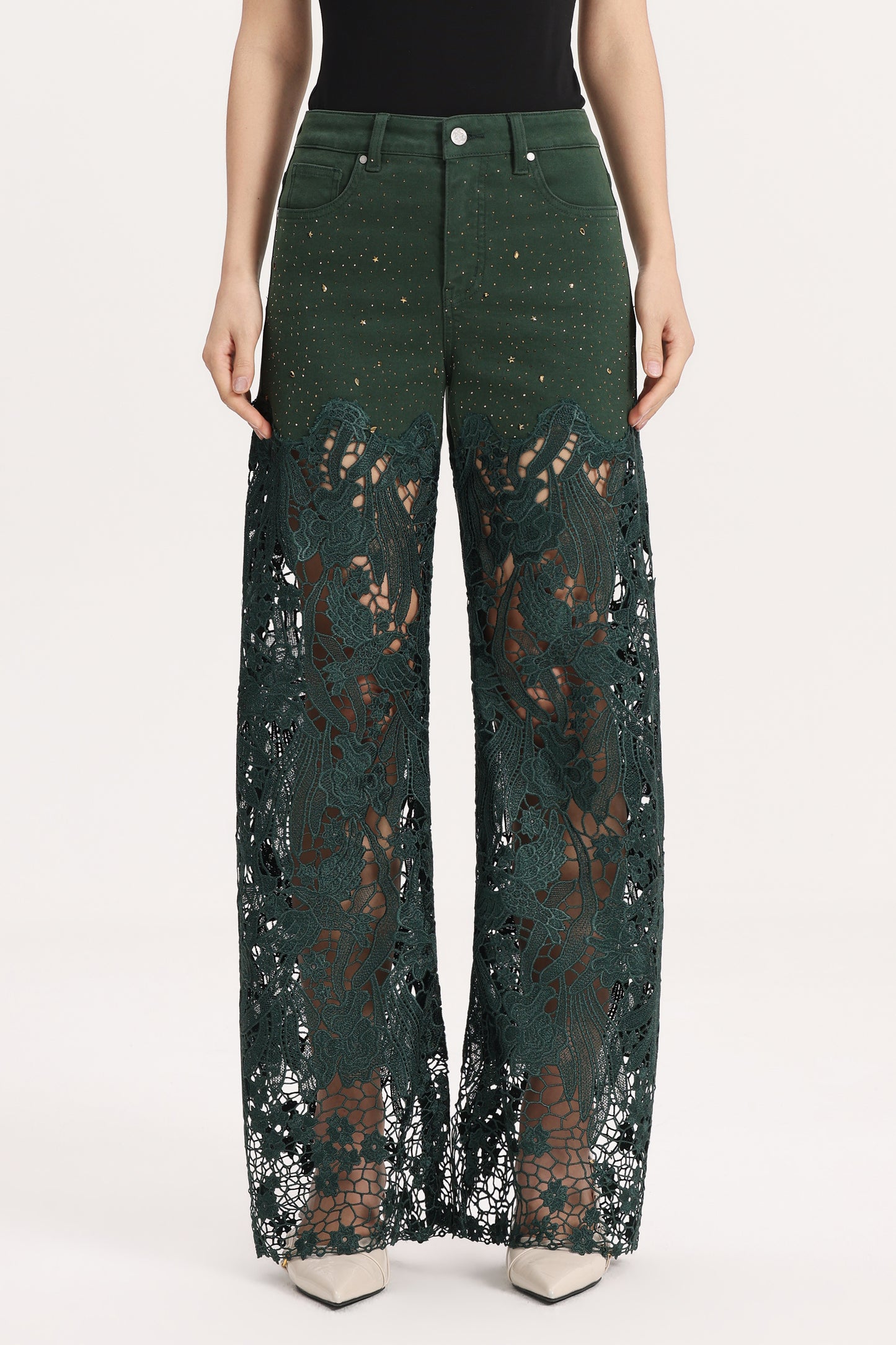 HIGH RISE LACE PANTS WITH RHINESTONE EVERGREN