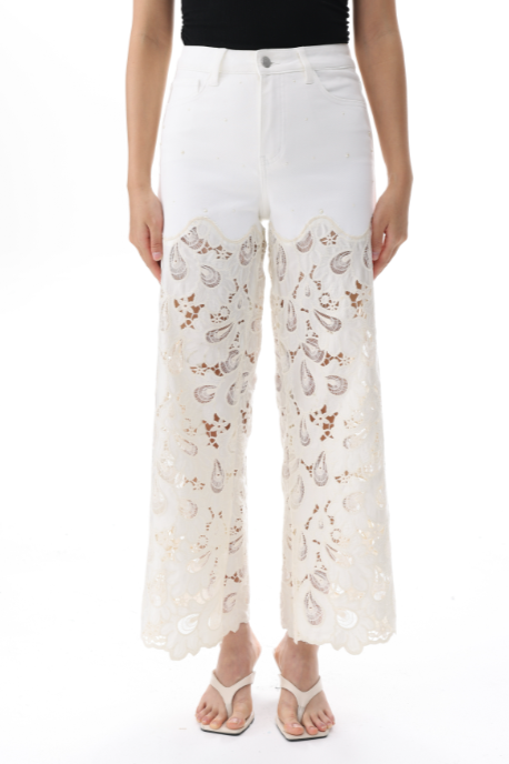 EMBROIDERY HIGH RISE WIDE LEG LACE JEANS BYW8090B WHITE
