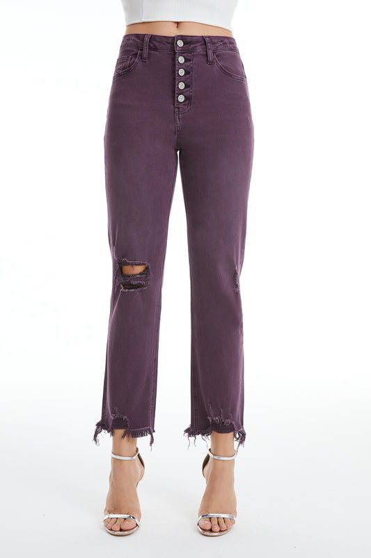 HIGH RISE STRAIGHT LEG JEANS BUTTON FLY WITH FRAYED HEM BYT5113 PLUM