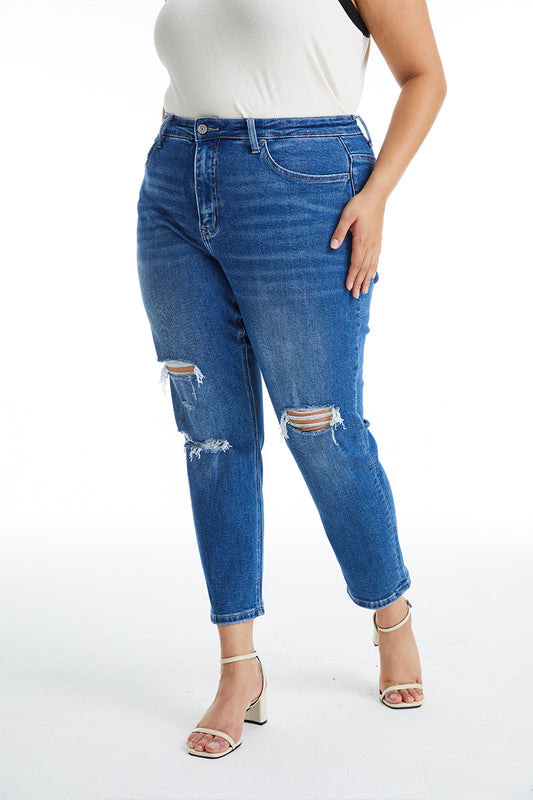 HIGH RISE STRETCH MOM JEANS BYM3009-P DARK BLUE PLUS SIZE