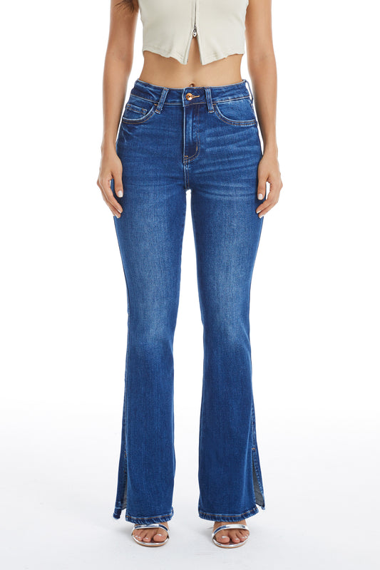 HIGH RISE FLARE LEG JEANS WITH SLIT HEM BYF1037 INDIGO ROCK