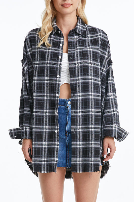 WOMEN'S RAGGED LONG SLEEVE LOOSE SHIRT BYIC004 (BYHE101) BLACK/WHITE PLAID