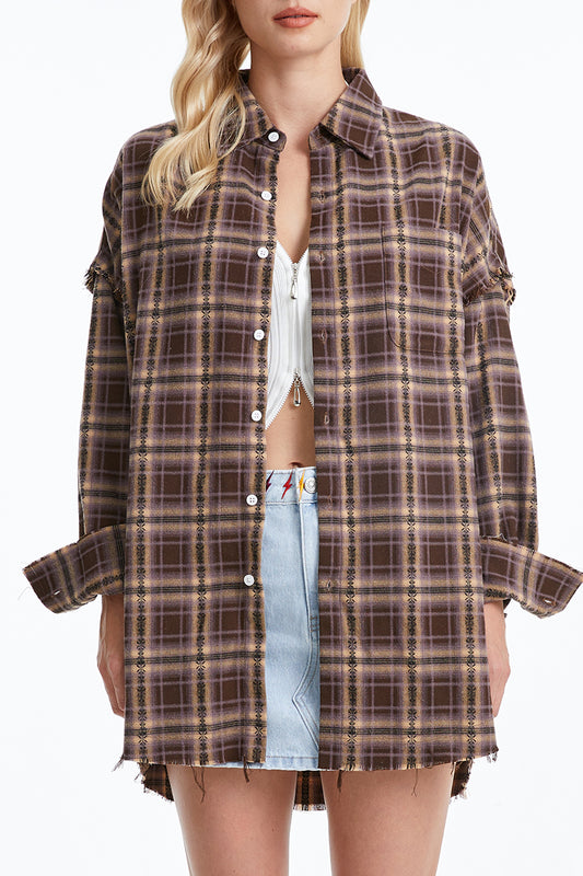 WOMEN'S RAGGED LONG SLEEVE LOOSE SHIRT BYIC004 (BYHE101) BROWN/KHAKI PLAID