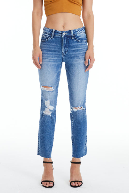 HIGH RISE SLIM STRAIGHT JEANS WITH RAW HEM BYT5169 (BYHE073) AMY BLUE