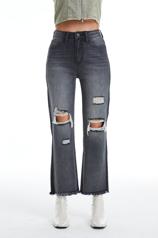 HIGH RISE TWO TONE STRAIGHT LEG JEANS BYT5120-1 BLACK ASH