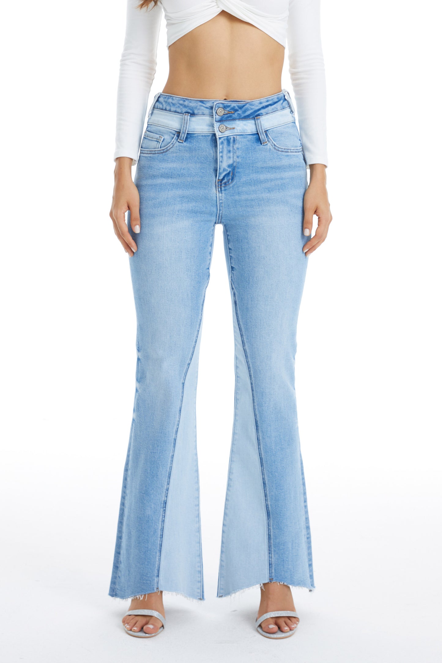 HIGH RISE FLARE JEANS WITH RAW HEM BYF1117 (CF6074) LIGHT BLUE