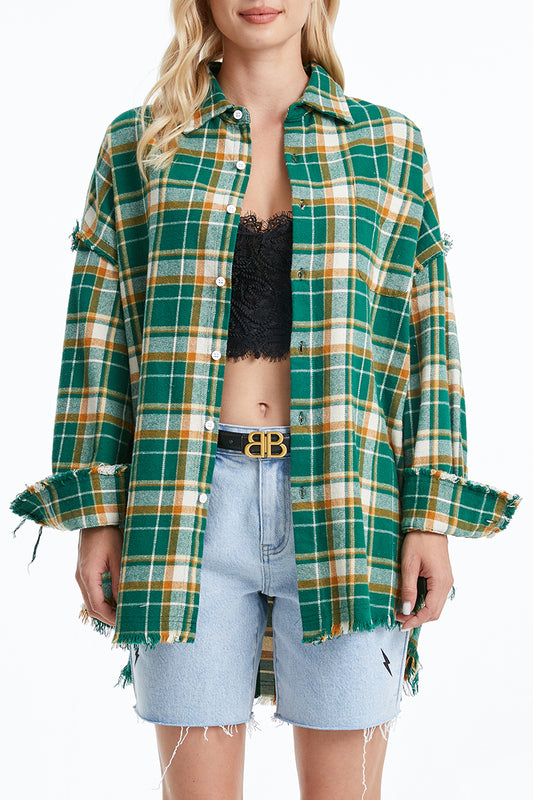 WOMEN'S LONG SLEEVE RAGGED LOOSE SHIRT BYIC005 (BYHE098) GREEN/YELLOW/WHITE PLAID