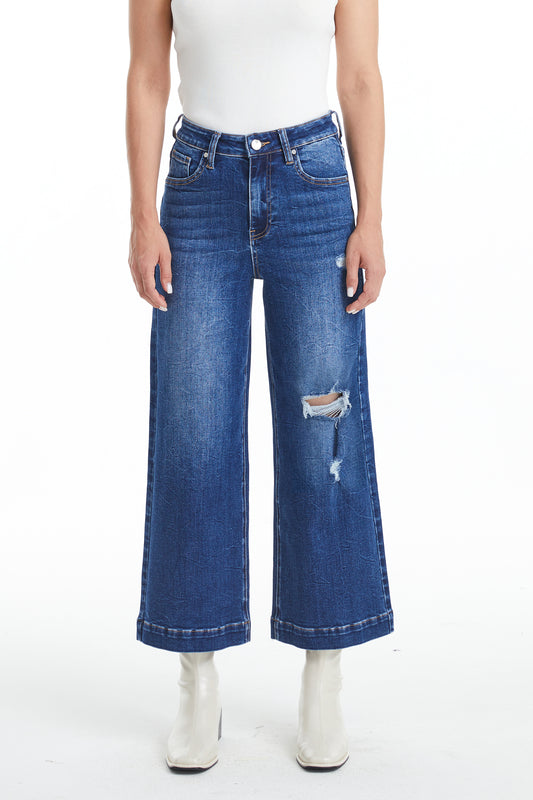 MID RISE WIDE LEG CROP FLARE JEANS BYW8005-2 DARK BLUE