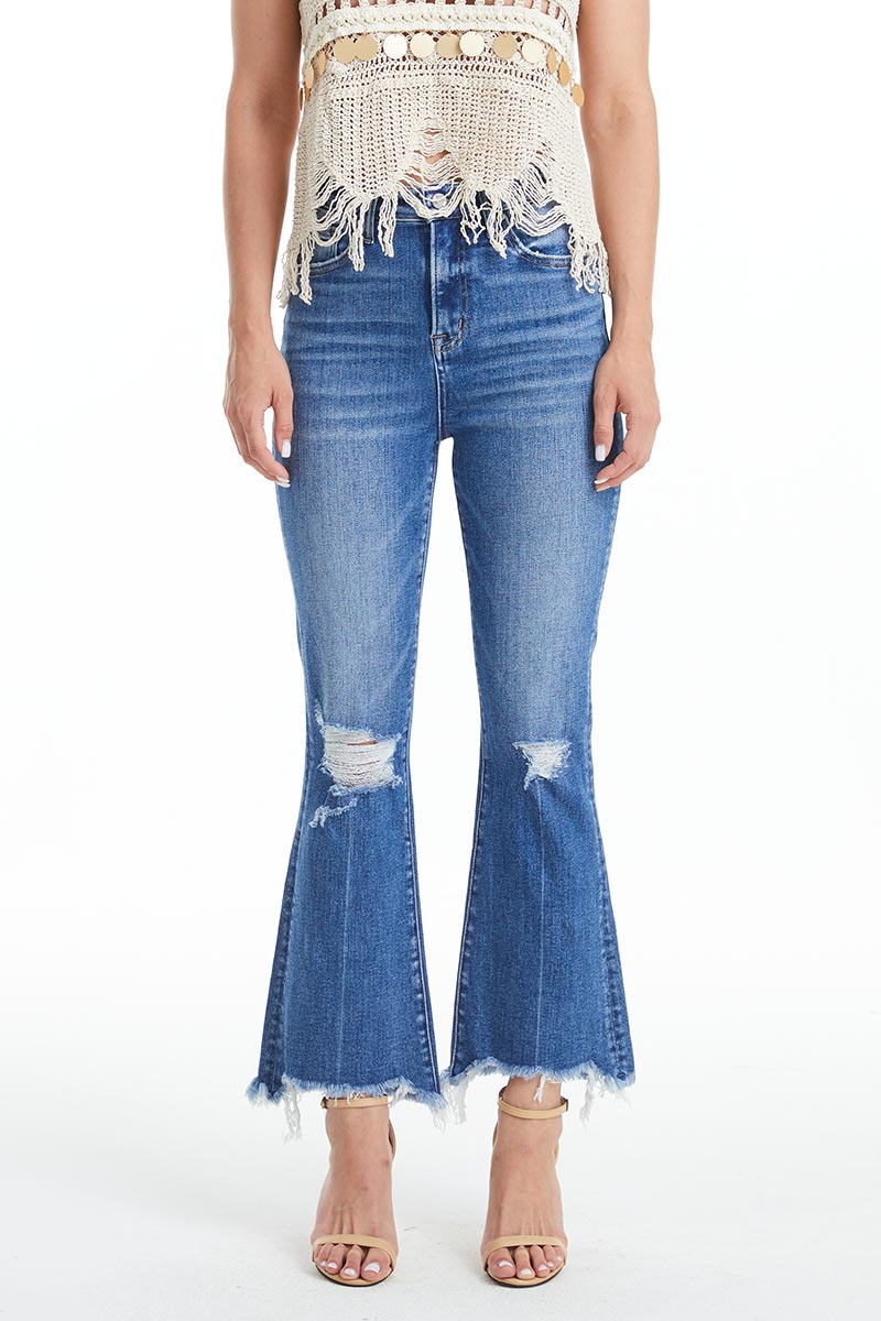 HIGH RISE FLARE JEANS WITH FRAYED HEM BYF1114 BLOVE