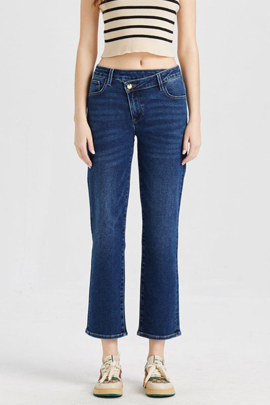 MID RISE CROSS OVER STRAIGHT LEG JEANS BYT5015 DARK BLUE