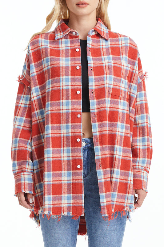 WOMEN'S LONG SLEEVE RAGGED LOOSE SHIRT BYIC005 (BYHE098) RED/BEIGE/SKY PLAID