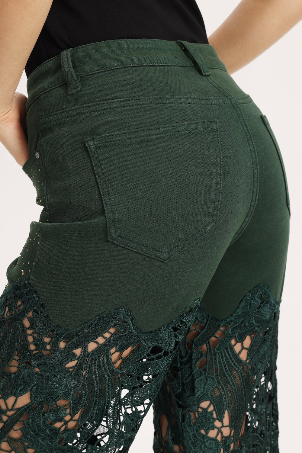HIGH RISE LACE PANTS WITH RHINESTONE EVERGREN