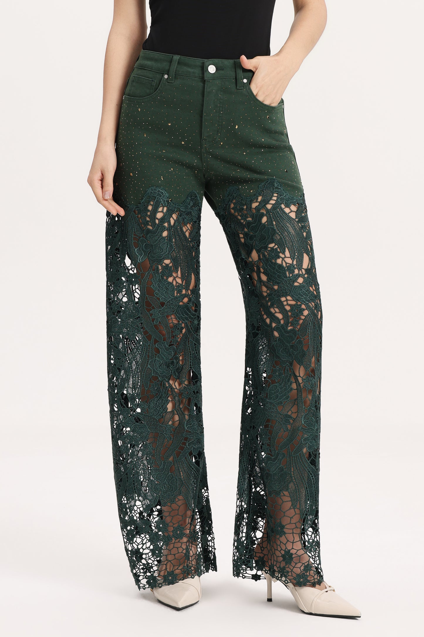 HIGH RISE LACE PANTS WITH RHINESTONE EVERGREN