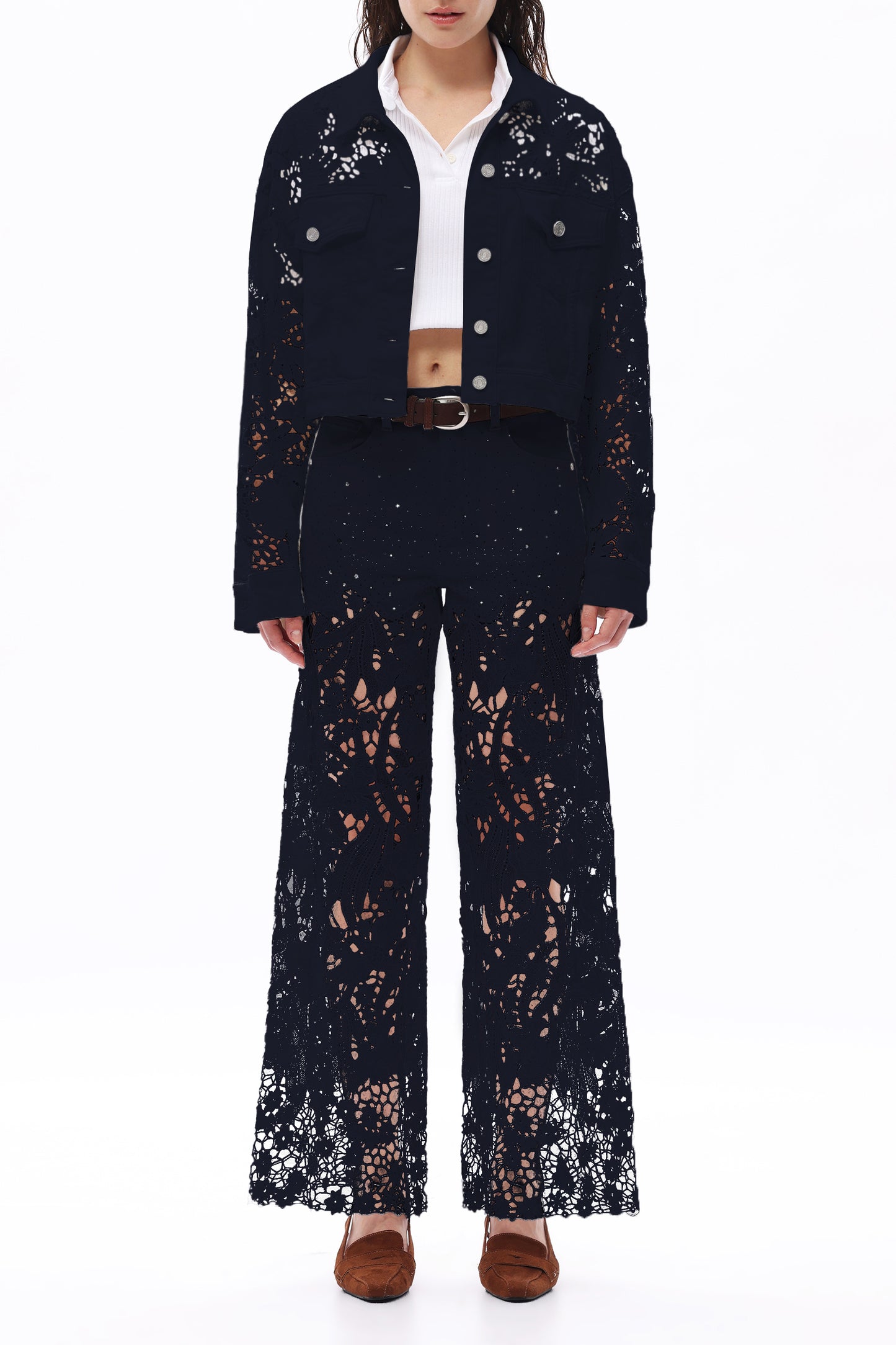 HIGH RISE LACE PANTS WITH RHINESTONE BYW8090 RINSE