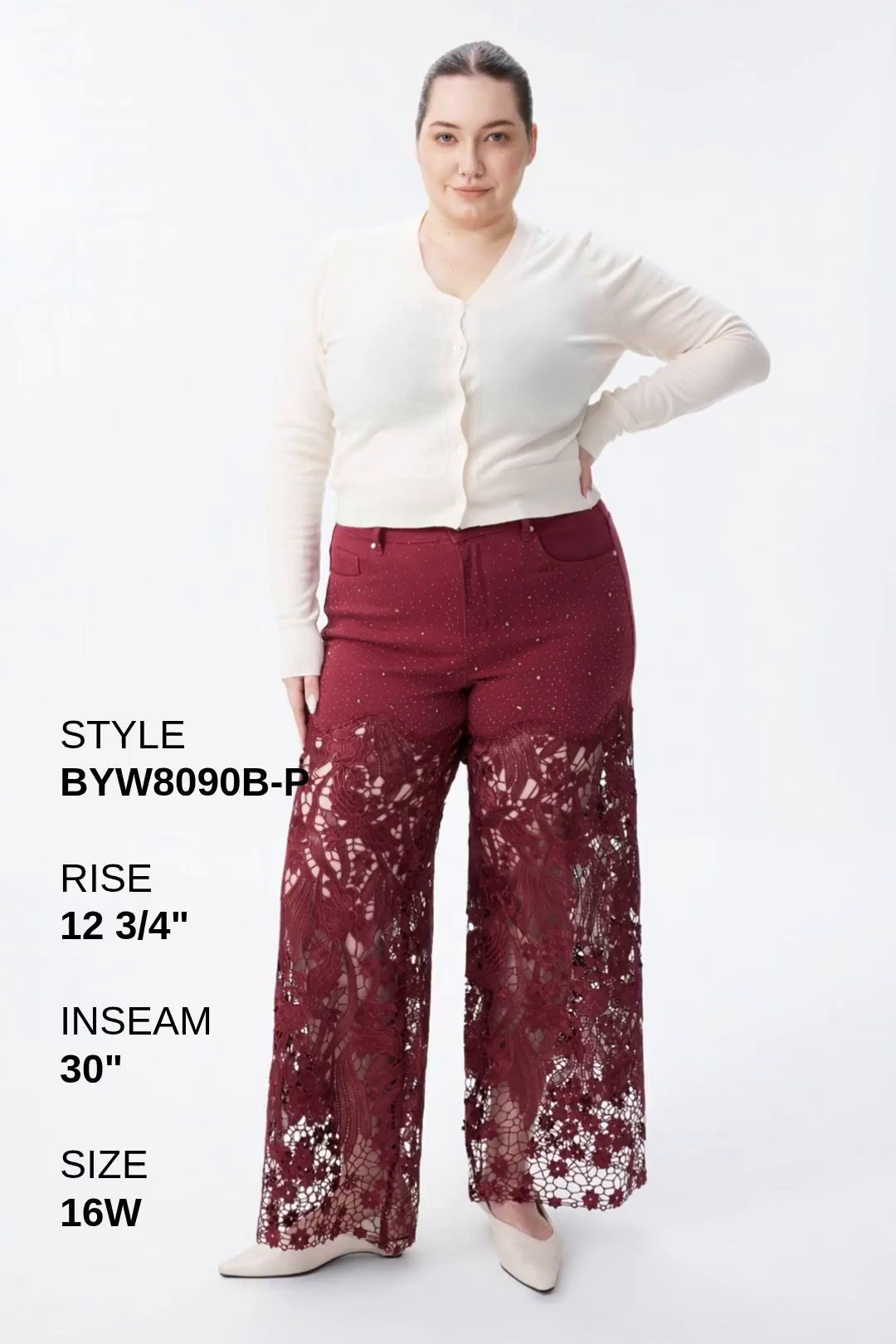 Plus Wide Leg Lece Jeans BYW8090B Inseam 30"(WINE) Fashion Product Video