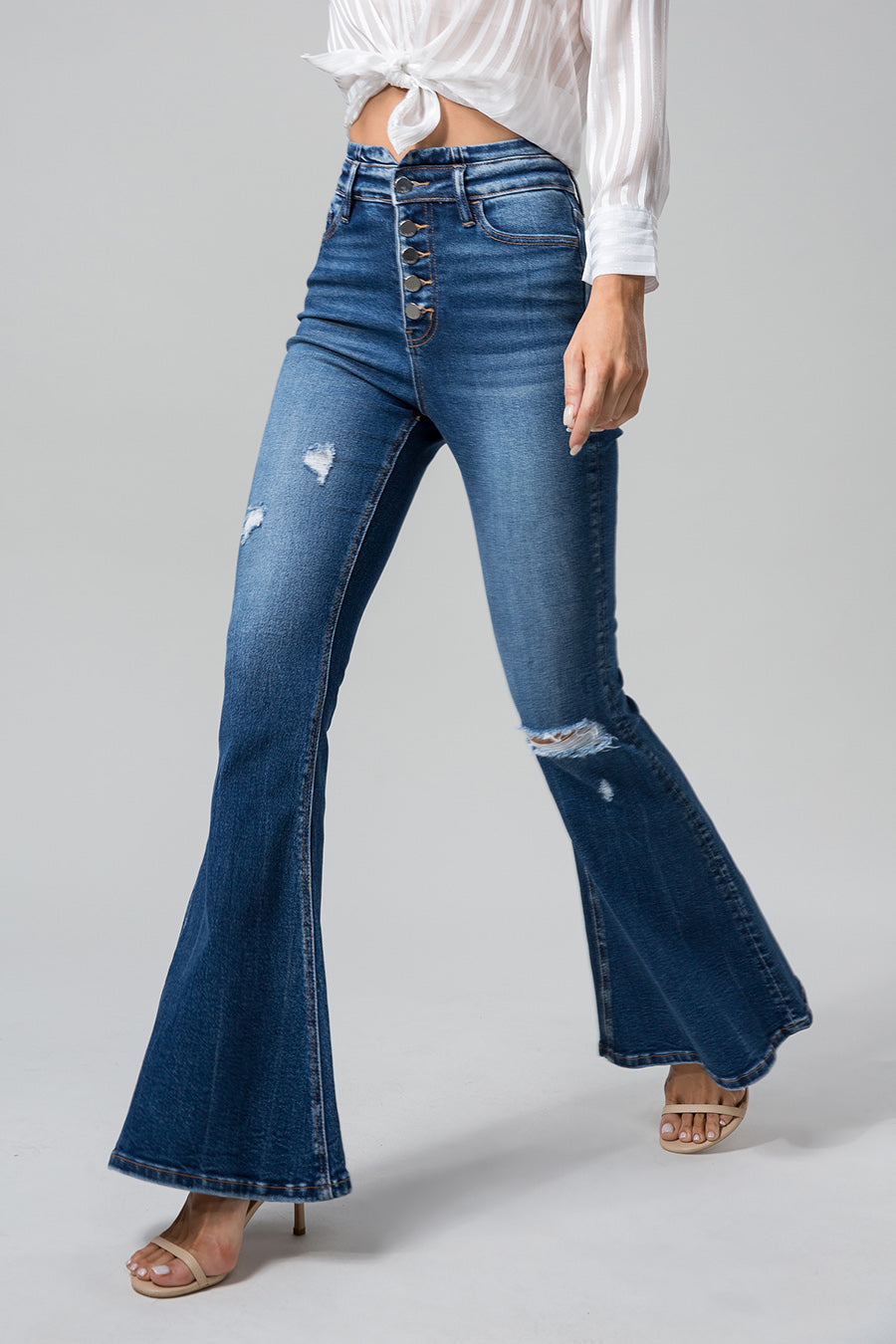 ULTRA HIGH RISE DISTRESSED FLARE JEANS BYF1010S MEDIUM BLUE